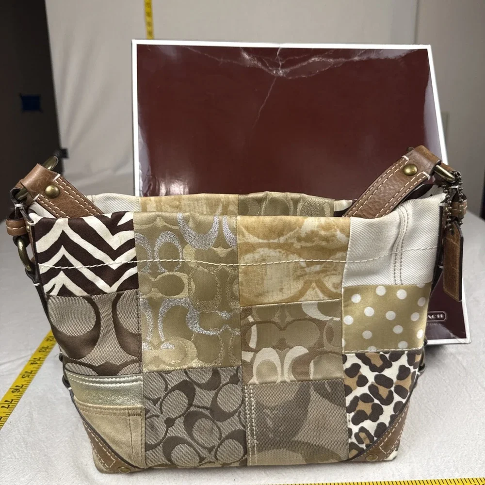 Vintage Coach 11496 Carly Brown Patchwork Jacquard Hobo Shoulder Bag Leopard